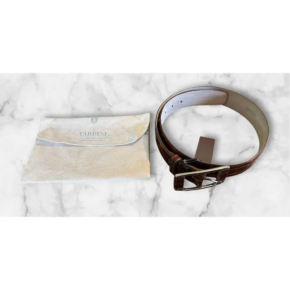 Tardini Men's American Alligator Textured Wrap Buckled Brown Belt 34
